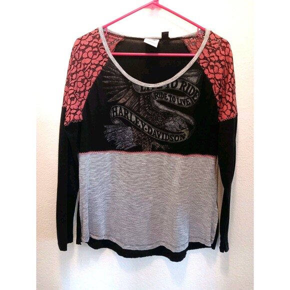 LOFT Tops - Harley-Davidson Women's Colorblock Raglan Top Coral Lace Eagle Live To Ride Sz L